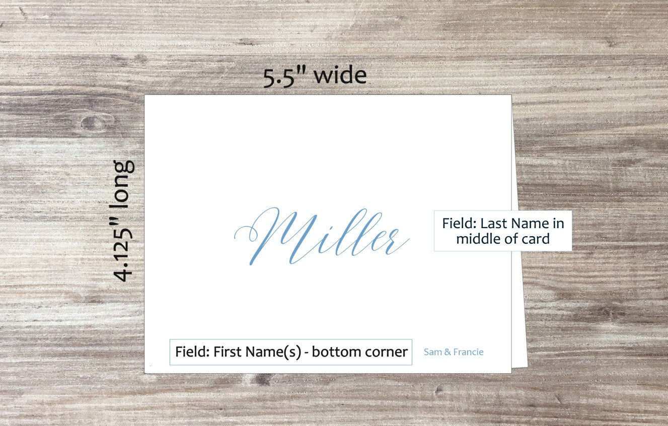 Set of 10 Cursive Last Name Cards & COLORED Envelopes (#210102AC)